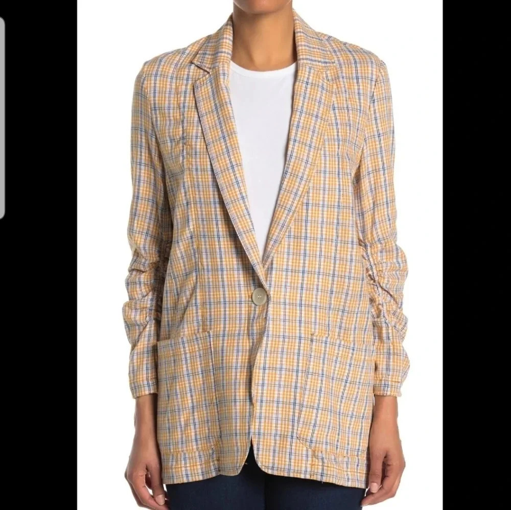 NWT Max Studio Yellow & Blue Plaid Linen Blend Oversized Blazer XS